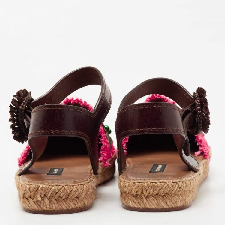 Pre Owned Dolce & Gabbana Multicolor Raffia And Leather Pineapple Kiwi Patch Espadrilles Sandals Size 36