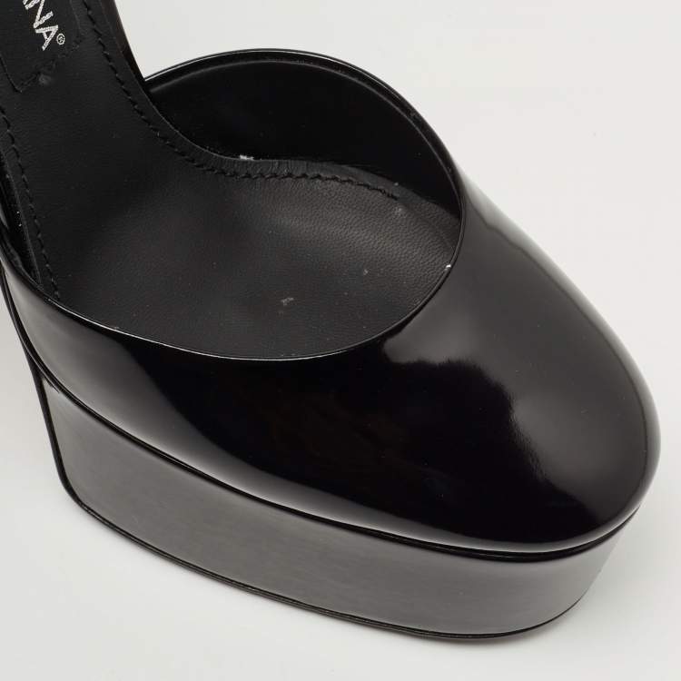 Pre Owned Dolce & Gabbana Black Patent Leather Logo Plaque Platfrom Pumps Size 39.5