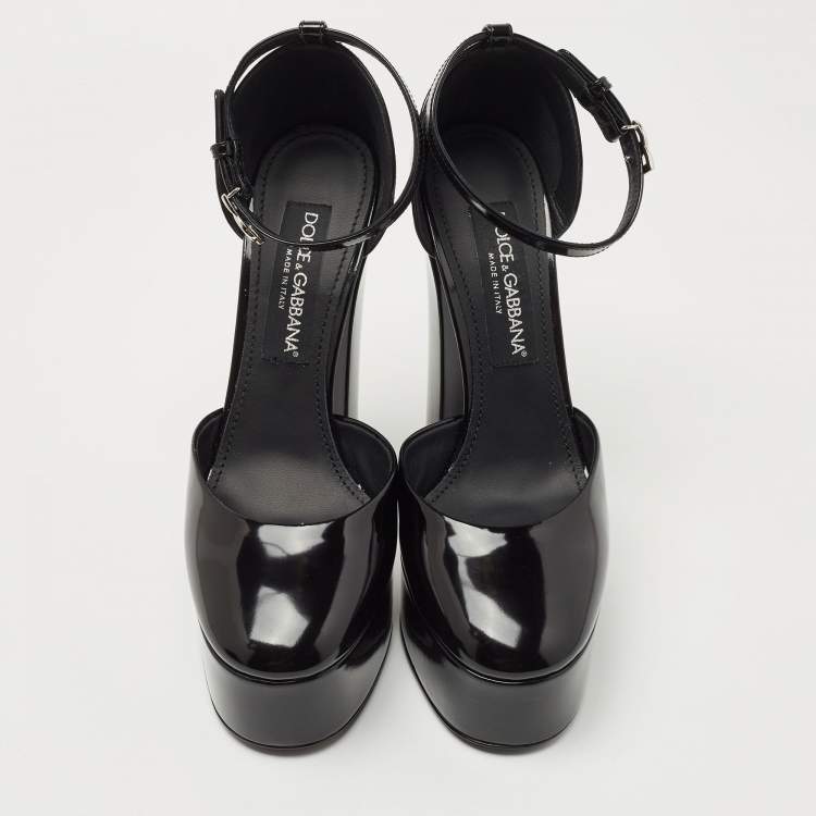 Pre Owned Dolce & Gabbana Black Patent Leather Logo Plaque Platfrom Pumps Size 39.5