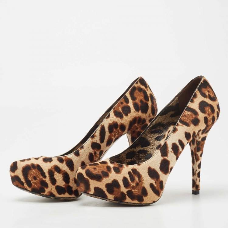 Pre Owned Dolce & Gabbana Brown Leopard Print Calf Hair Platform Pumps Size 37