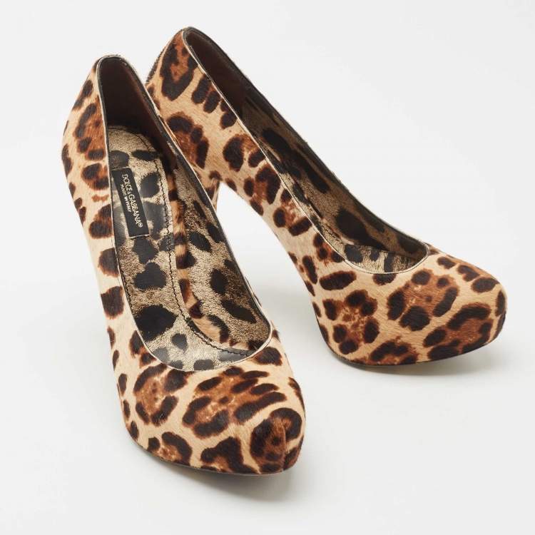 Pre Owned Dolce & Gabbana Brown Leopard Print Calf Hair Platform Pumps Size 37