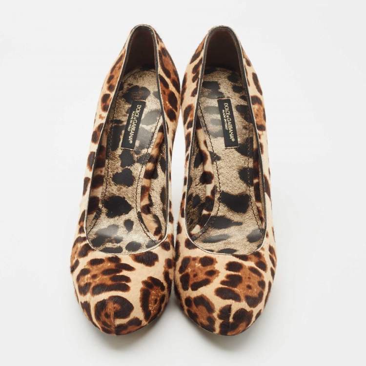 Pre Owned Dolce & Gabbana Brown Leopard Print Calf Hair Platform Pumps Size 37