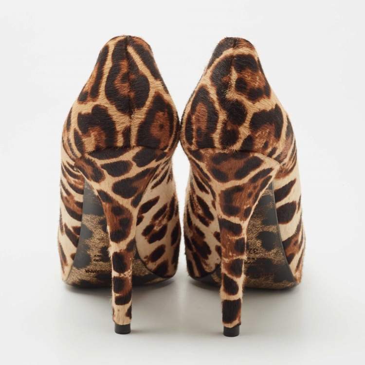 Pre Owned Dolce & Gabbana Brown Leopard Print Calf Hair Platform Pumps Size 37