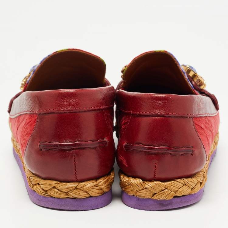 Pre Owned Dolce & Gabbana Burgundy Brocade Fabric and Leather Crystal Embellished Loafers Size 38.5