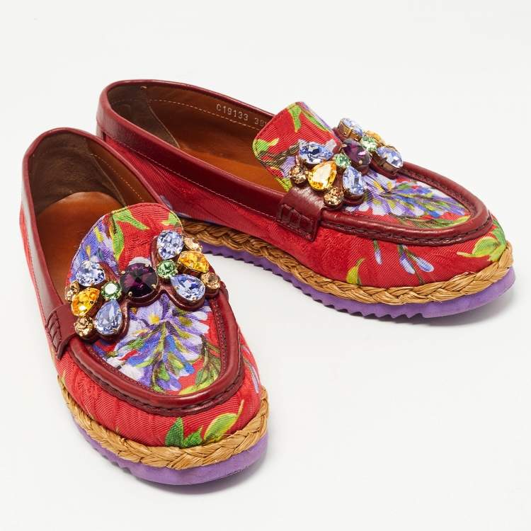 Pre Owned Dolce & Gabbana Burgundy Brocade Fabric and Leather Crystal Embellished Loafers Size 38.5
