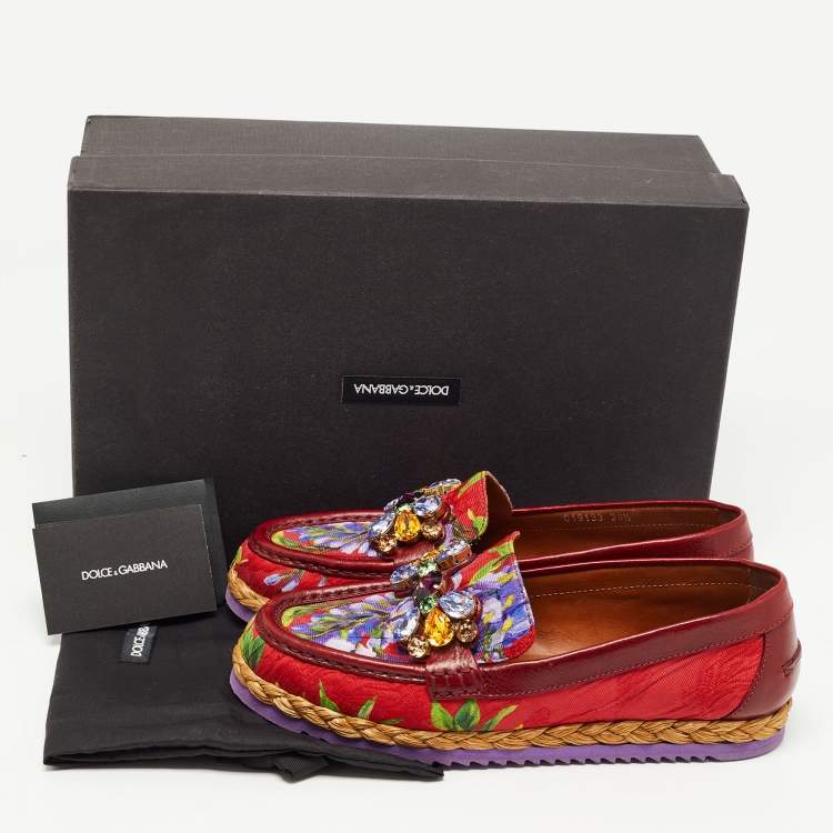 Pre Owned Dolce & Gabbana Burgundy Brocade Fabric and Leather Crystal Embellished Loafers Size 38.5