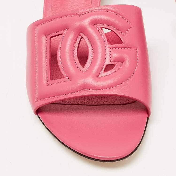 Pre Owned Dolce & Gabbana Pink Leather DG Logo Cutout Slide Sandals Size 40