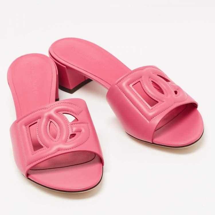 Pre Owned Dolce & Gabbana Pink Leather DG Logo Cutout Slide Sandals Size 40