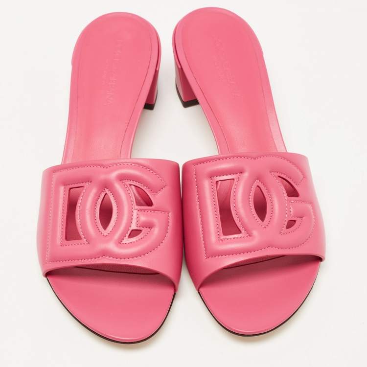 Pre Owned Dolce & Gabbana Pink Leather DG Logo Cutout Slide Sandals Size 40