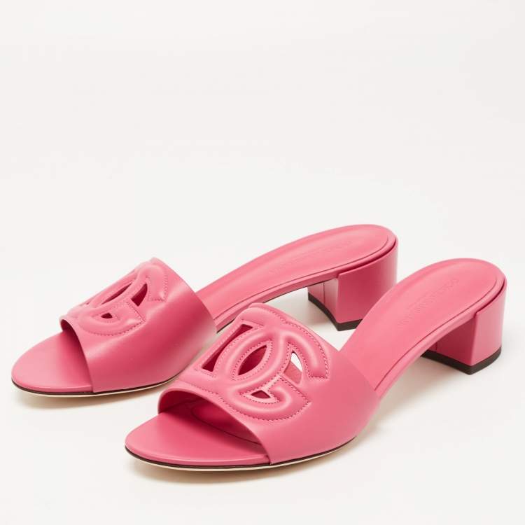 Pre Owned Dolce & Gabbana Pink Leather DG Logo Cutout Slide Sandals Size 40