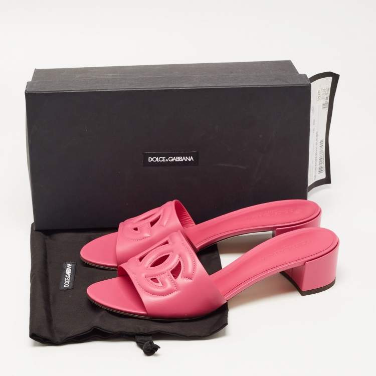 Pre Owned Dolce & Gabbana Pink Leather DG Logo Cutout Slide Sandals Size 40