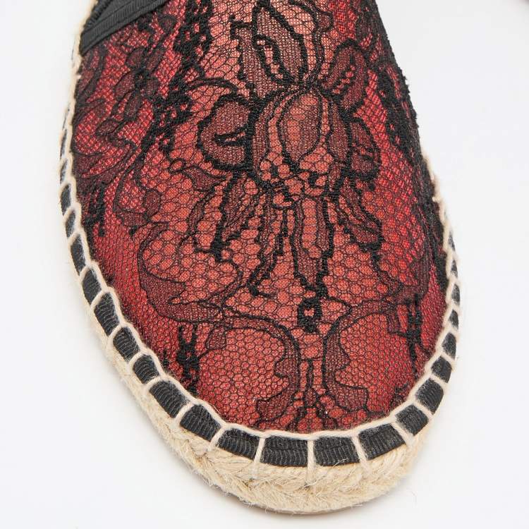 Pre Owned Dolce & Gabbana Black/Red Lace Espadrille Flats Size 38