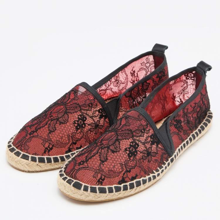 Pre Owned Dolce & Gabbana Black/Red Lace Espadrille Flats Size 38