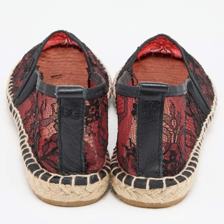 Pre Owned Dolce & Gabbana Black/Red Lace Espadrille Flats Size 38