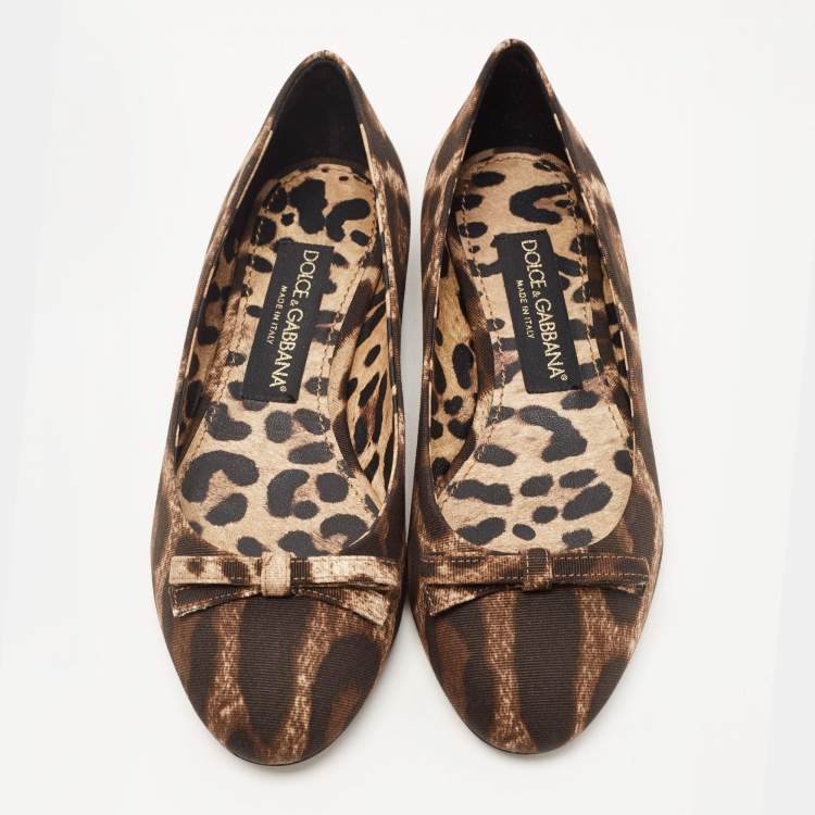 Pre Owned Dolce & Gabbana Brown Canvas Leopard Print Ballet Flats Size 36