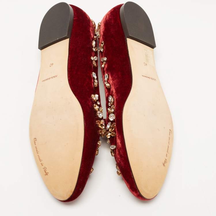 Pre Owned Dolce & Gabbana Burgundy Velvet Crystal Embellished Loafers Size 40