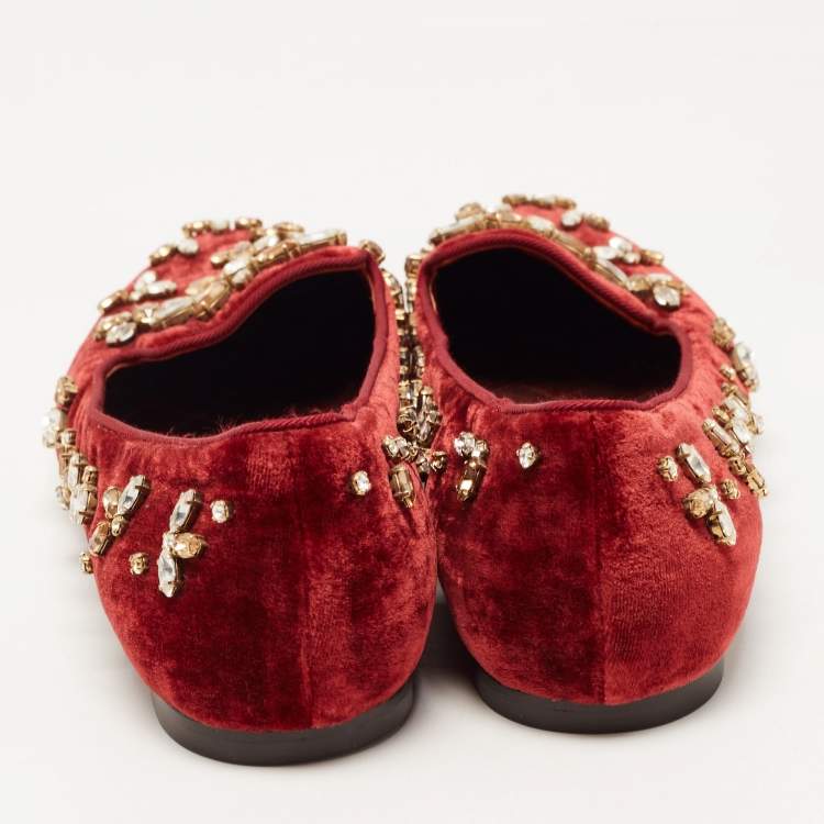 Pre Owned Dolce & Gabbana Burgundy Velvet Crystal Embellished Loafers Size 40