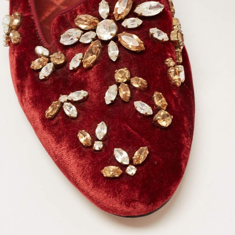 Pre Owned Dolce & Gabbana Burgundy Velvet Crystal Embellished Loafers Size 40