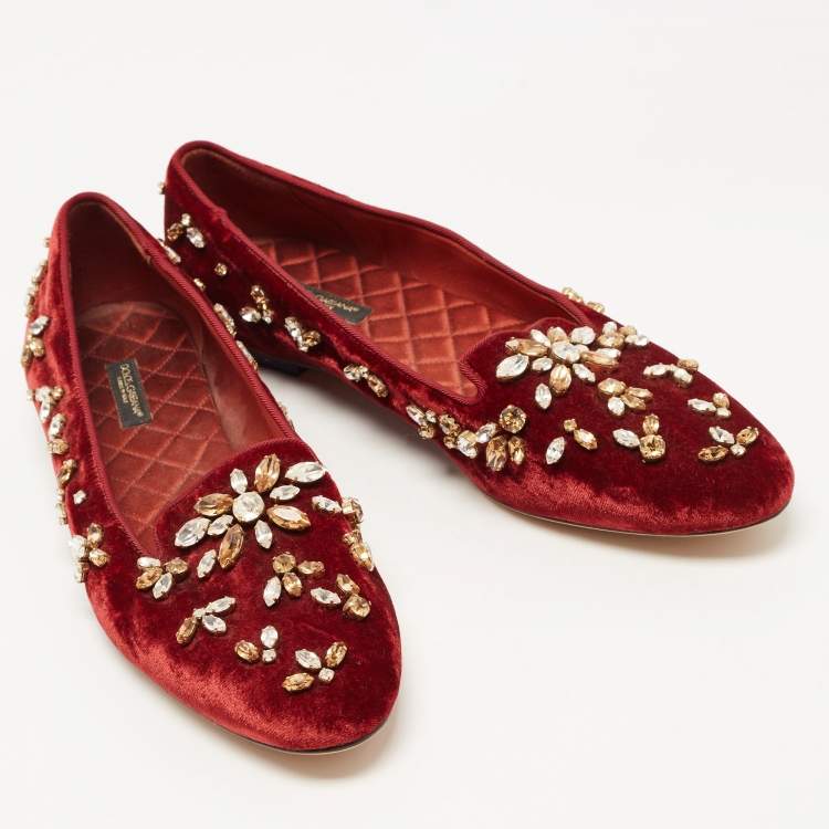 Pre Owned Dolce & Gabbana Burgundy Velvet Crystal Embellished Loafers Size 40