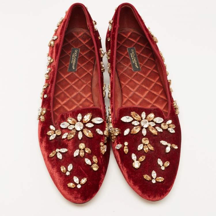 Pre Owned Dolce & Gabbana Burgundy Velvet Crystal Embellished Loafers Size 40