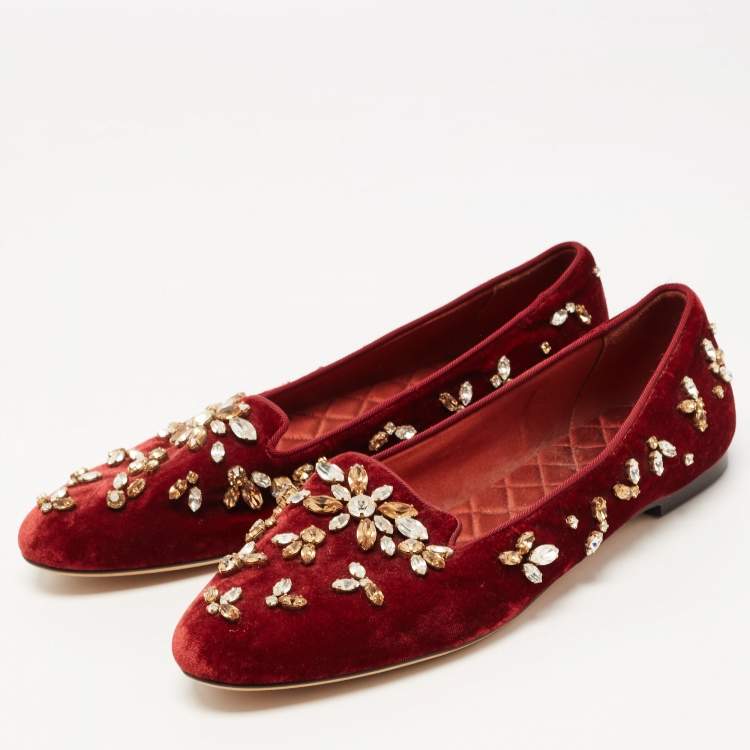 Pre Owned Dolce & Gabbana Burgundy Velvet Crystal Embellished Loafers Size 40