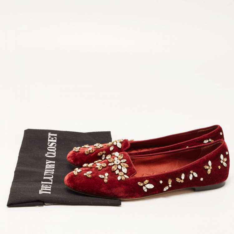 Pre Owned Dolce & Gabbana Burgundy Velvet Crystal Embellished Loafers Size 40