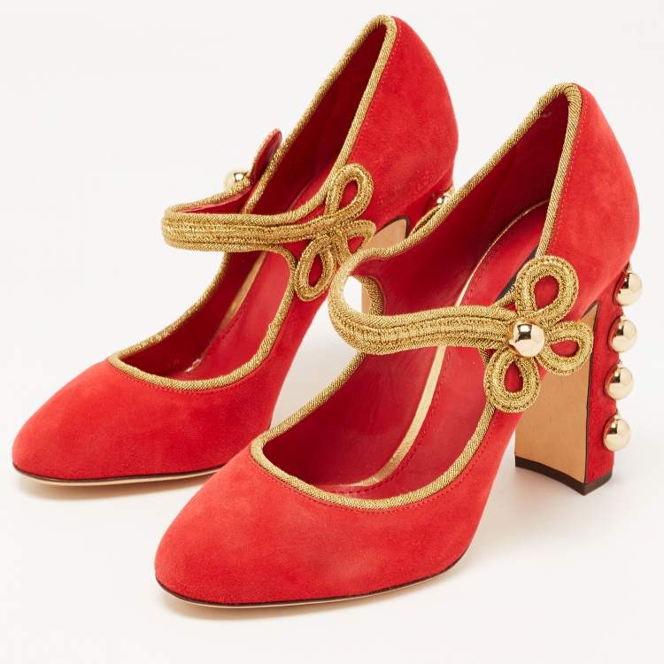 مملوكة مسبقًا Dolce & Gabbana Red Suede Embroidered and Studded Mary Jane Pumps Size 39