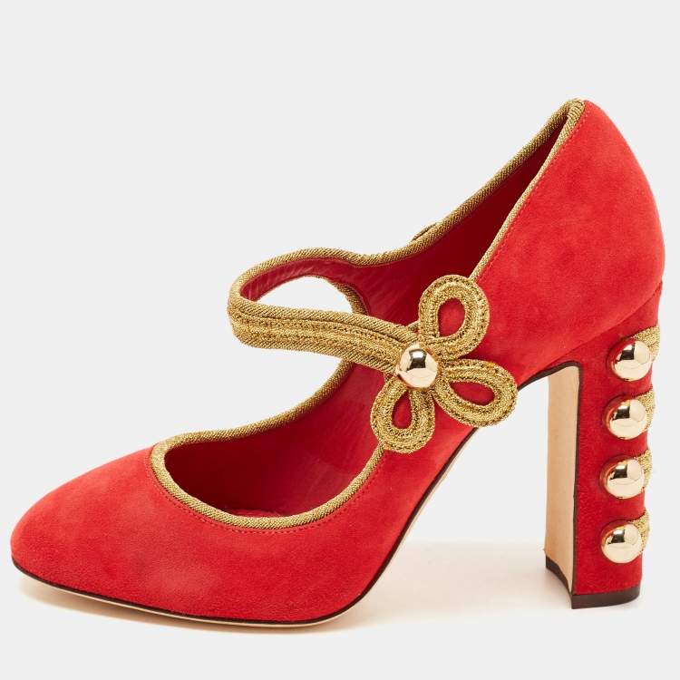 مملوكة مسبقًا Dolce & Gabbana Red Suede Embroidered and Studded Mary Jane Pumps Size 39