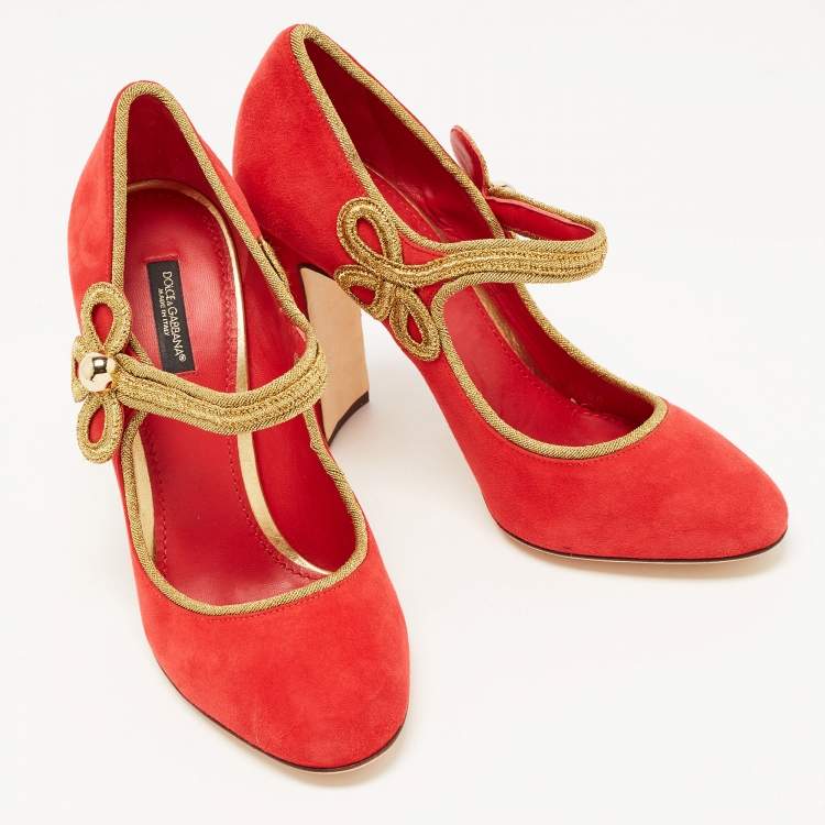 مملوكة مسبقًا Dolce & Gabbana Red Suede Embroidered and Studded Mary Jane Pumps Size 39