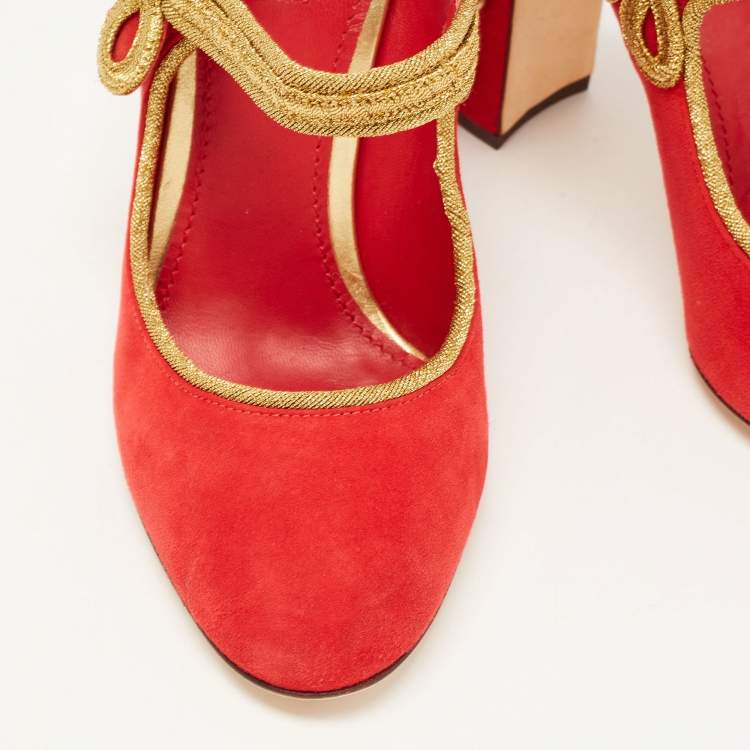 مملوكة مسبقًا Dolce & Gabbana Red Suede Embroidered and Studded Mary Jane Pumps Size 39