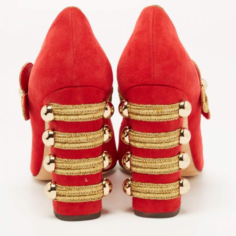 مملوكة مسبقًا Dolce & Gabbana Red Suede Embroidered and Studded Mary Jane Pumps Size 39