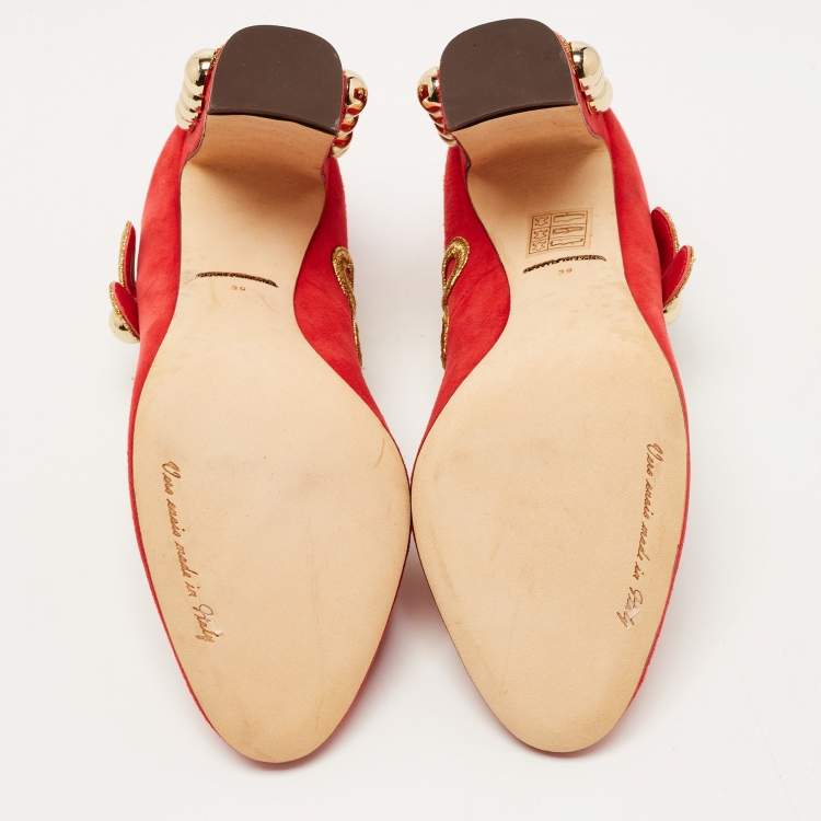 مملوكة مسبقًا Dolce & Gabbana Red Suede Embroidered and Studded Mary Jane Pumps Size 39