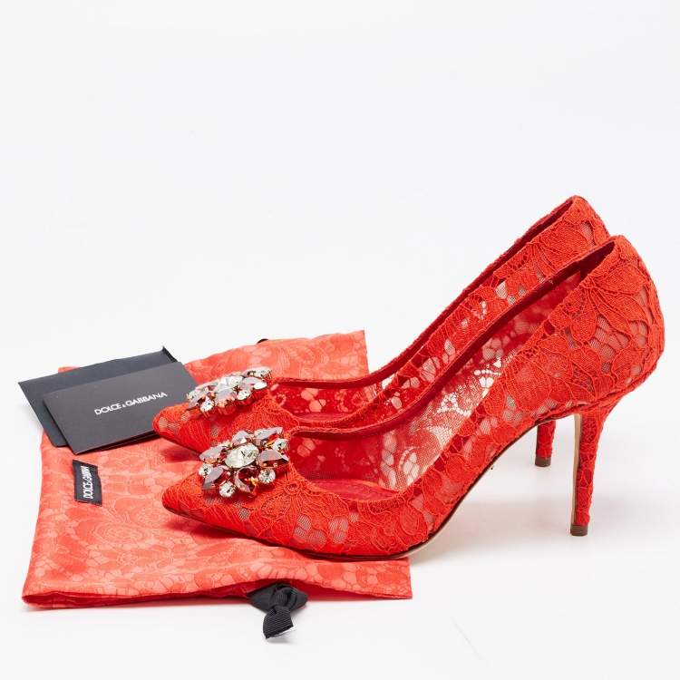 Pre Owned Dolce & Gabbana Red Lace Bellucci Pumps Size 40.5