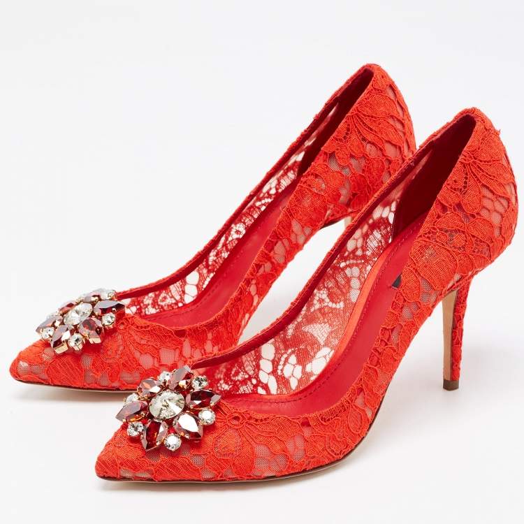 Pre Owned Dolce & Gabbana Red Lace Bellucci Pumps Size 40.5