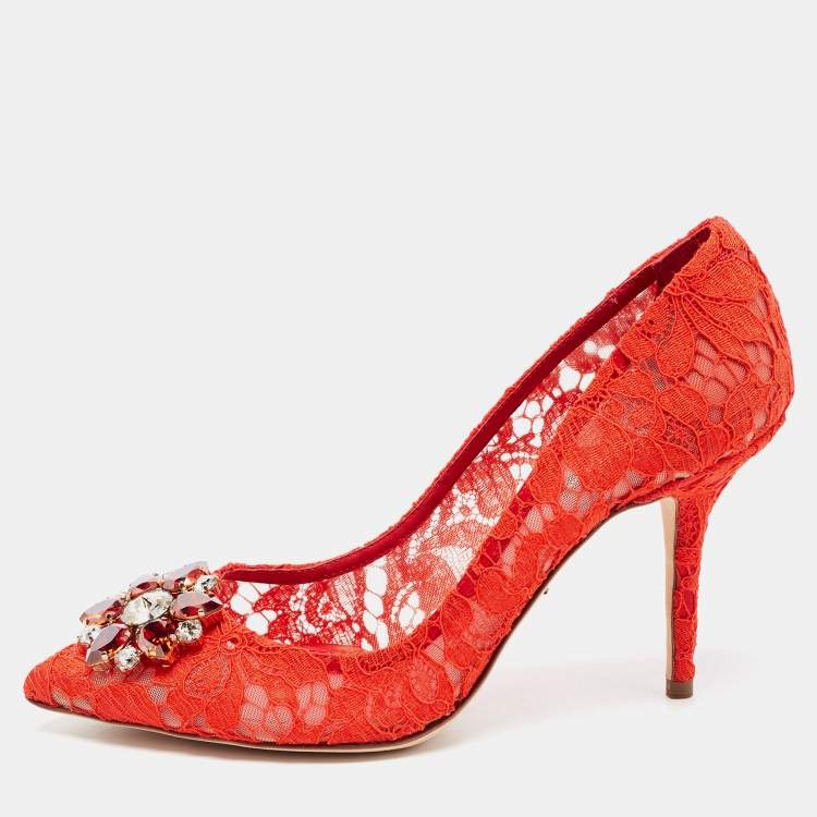 Pre Owned Dolce & Gabbana Red Lace Bellucci Pumps Size 40.5