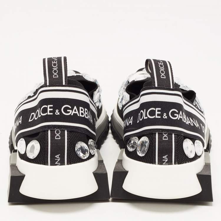 Pre Owned Dolce & Gabbana Black/White Knit Fabric Sorrento Crystals Sneakers Size 38.5