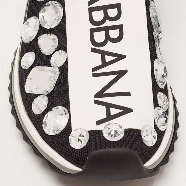 Pre Owned Dolce & Gabbana Black/White Knit Fabric Sorrento Crystals Sneakers Size 38.5