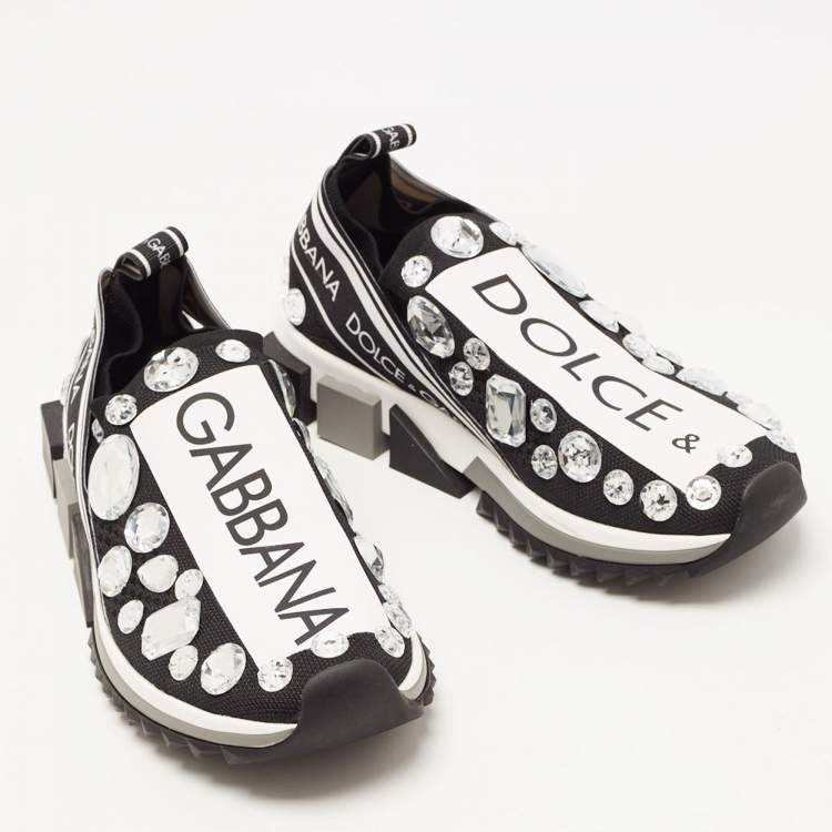 Pre Owned Dolce & Gabbana Black/White Knit Fabric Sorrento Crystals Sneakers Size 38.5