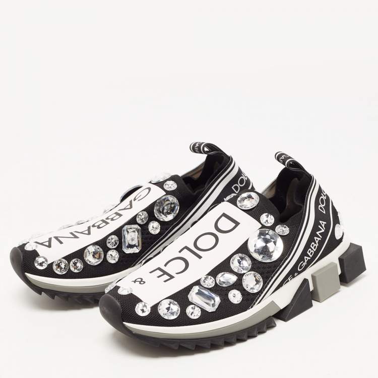 Pre Owned Dolce & Gabbana Black/White Knit Fabric Sorrento Crystals Sneakers Size 38.5