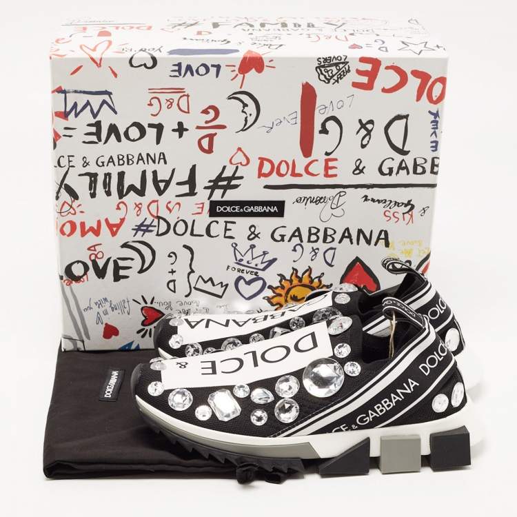 Pre Owned Dolce & Gabbana Black/White Knit Fabric Sorrento Crystals Sneakers Size 38.5