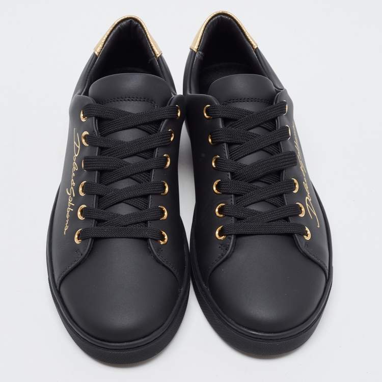 Pre Owned Dolce & Gabbana Black Leather Portofino Low Top Sneakers Size 37.5 