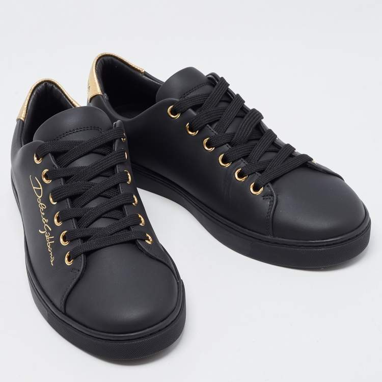 Pre Owned Dolce & Gabbana Black Leather Portofino Low Top Sneakers Size 37.5 