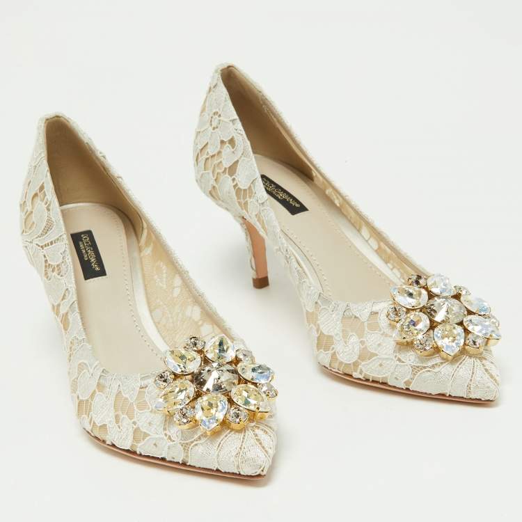 Pre Owned Dolce & Gabbana  White Lace Crystal Embellished Bellucci Pumps Size 38