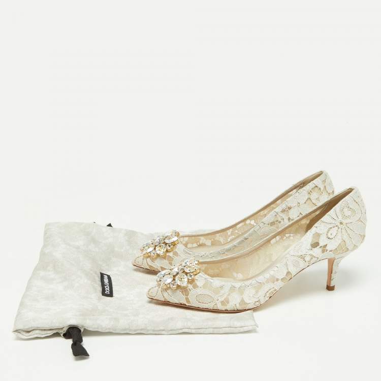 Pre Owned Dolce & Gabbana  White Lace Crystal Embellished Bellucci Pumps Size 38