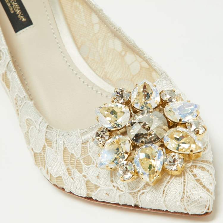 Pre Owned Dolce & Gabbana  White Lace Crystal Embellished Bellucci Pumps Size 38