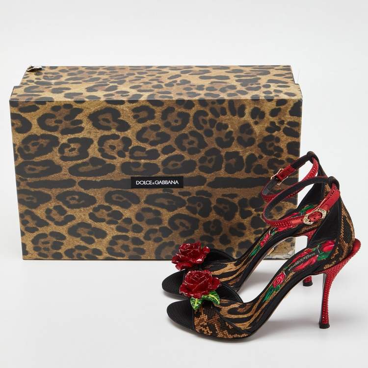 Pre Owned Dolce & Gabbana Beige/Black Leopard Print Canvas and Satin Rose Applique Ankle Strap Sandals Size 35