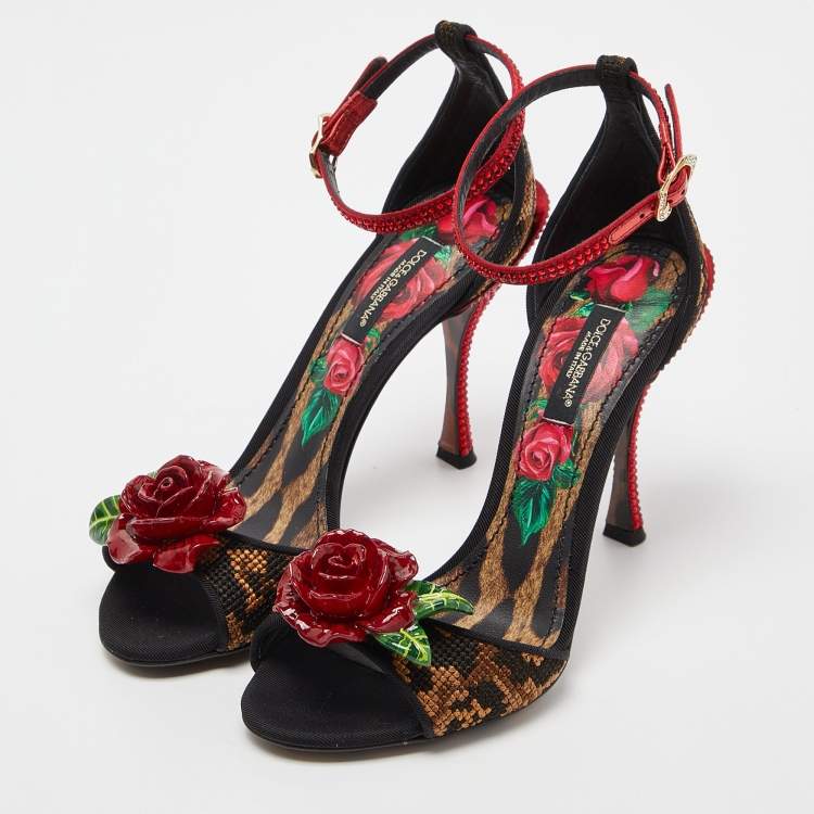 Pre Owned Dolce & Gabbana Beige/Black Leopard Print Canvas and Satin Rose Applique Ankle Strap Sandals Size 35