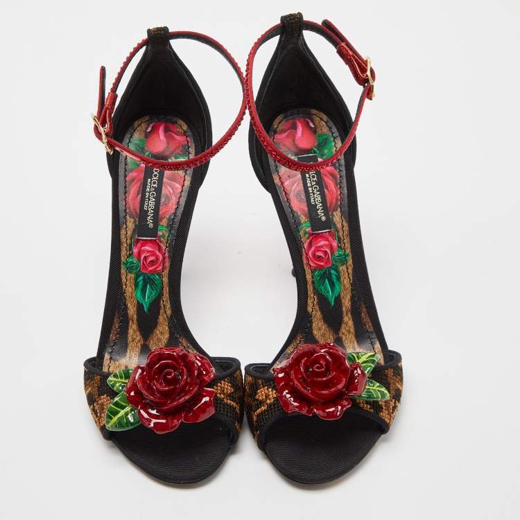 Pre Owned Dolce & Gabbana Beige/Black Leopard Print Canvas and Satin Rose Applique Ankle Strap Sandals Size 35