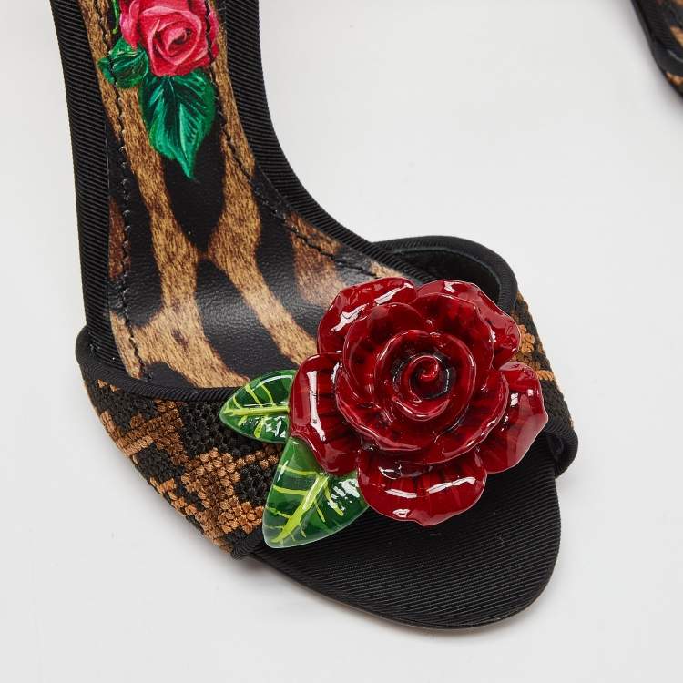 Pre Owned Dolce & Gabbana Beige/Black Leopard Print Canvas and Satin Rose Applique Ankle Strap Sandals Size 35