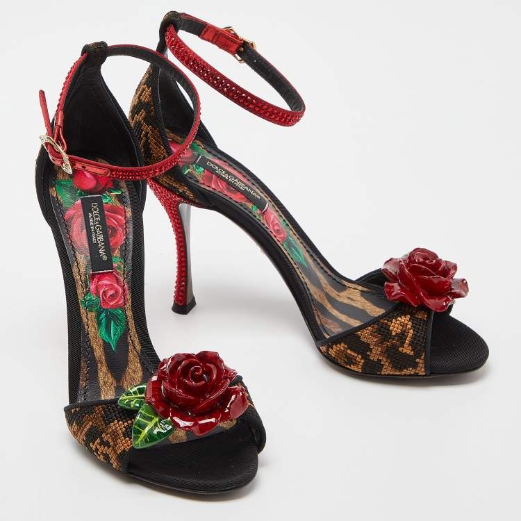 Pre Owned Dolce & Gabbana Beige/Black Leopard Print Canvas and Satin Rose Applique Ankle Strap Sandals Size 35